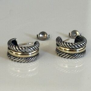 David Yurman Sterling Silver & 14K Gold Cable Thoroughbred Huggie Hoop Earrings